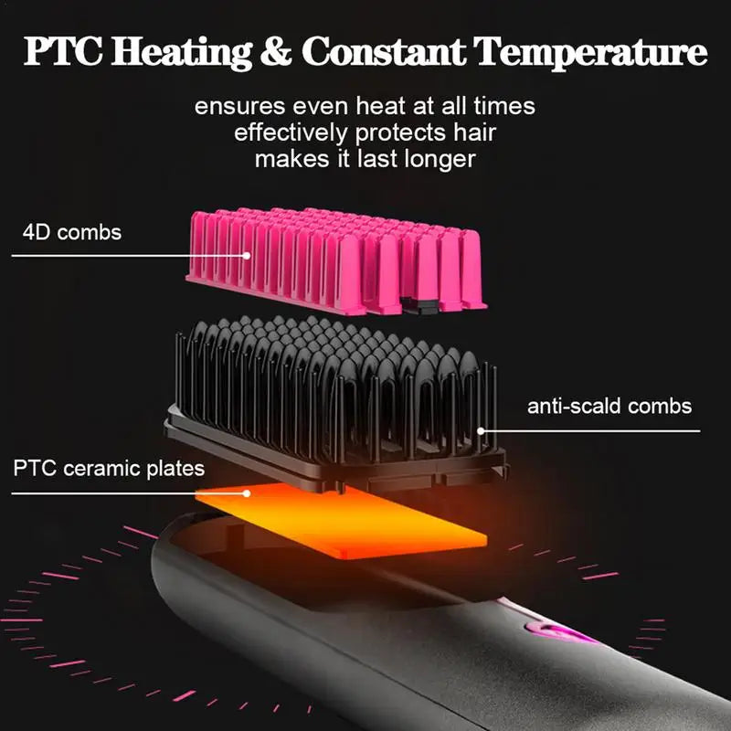 Hair Straightener Brush Fast Heating Cordless Curling Comb for Travel Portable Anti-Frizz Styling Straightener for Salon Home